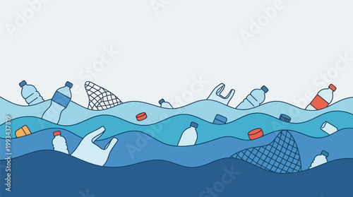 Plastic Pollution Floating in Ocean Waves with Fishing Nets and Bottles