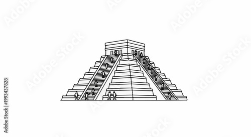 Ancient pyramid structure with steep staircases and small figures ascending