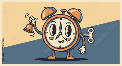 Animated alarm clock character with wind-up key, ringing a bell