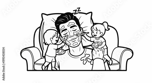 Sleeping father covered in paint by his playful children on a couch