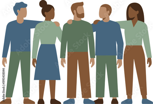 Diverse Group of Friends Standing Together with Arms Around Shoulders, Unity and Friendship Concept