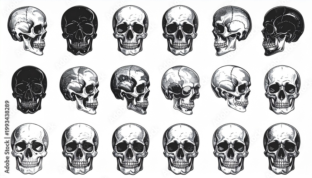 Fototapeta premium Collection of black and white human skull illustrations in various views and styles