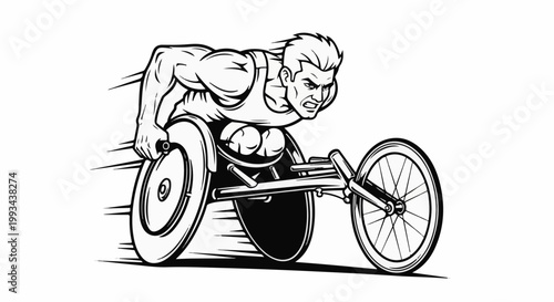 Muscular athlete vigorously propelling a racing wheelchair with speed lines