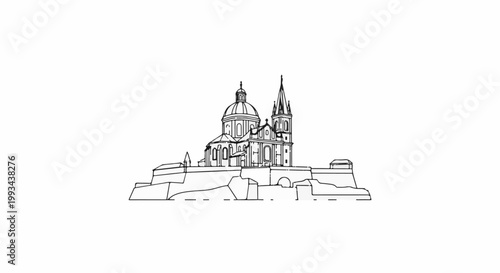 Ornate domed building with spire on fortified platform