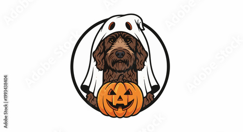 Cute dog in a ghost costume holding a carved pumpkin