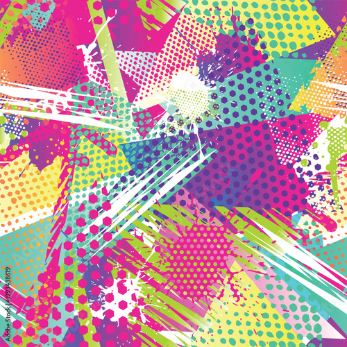 Abstract chaotic seamless pattern . Creative vector background with dots, geometric figures,stripes inscriptions. Modern, grunge , Colorful wallpaper for textile and fabric. Fashion style. 
