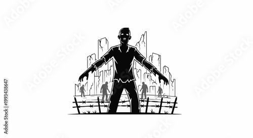 Silhouette of a terrifying zombie horde advancing past barbed wire