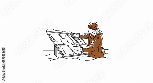 Person in winter clothes clearing snow from a grid-like panel