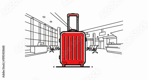 Red suitcase in a stylized airport waiting area with benches