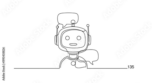 Chatbot Icon, AI Robot Head with Speech Bubbles, Continuous Line Art