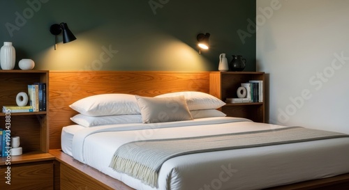 A contemporary bedroom interior featuring a well-made bed with plush pillows and a modern wall lamp illuminating the space.