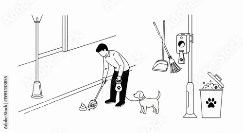 Person cleans up dog's mess on sidewalk near street lamp and trash bin