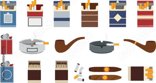 Smoking Accessories Icon Set Featuring Cigarette Packs, Pipes, Ashtrays, Lighters, Matches, and Tobacco Products in Flat Vector Illustration Style