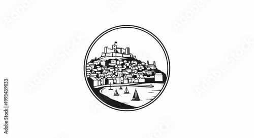 Hilltop castle town overlooking a harbor with sailboats