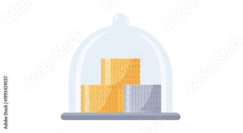 Stacked Coins Inside a Glass Cloche Dome on a Platform