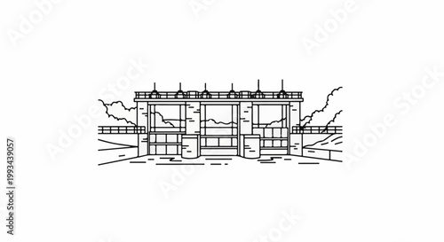 Minimalist line drawing of a water dam structure with gates and surrounding landscape