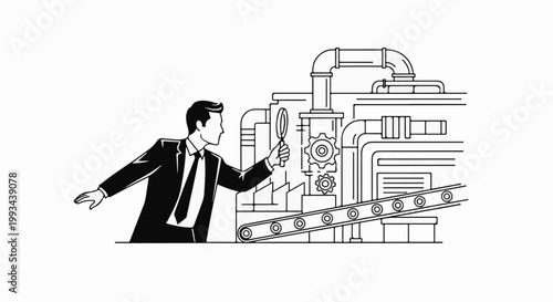 Businessman inspects industrial machinery with conveyor belt