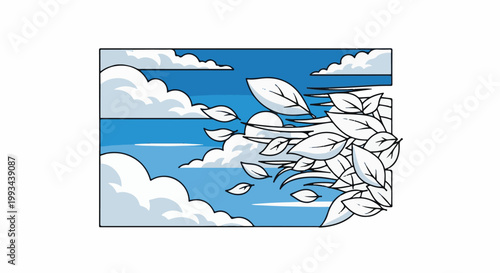 Gust of wind scattering leaves against a blue sky with clouds