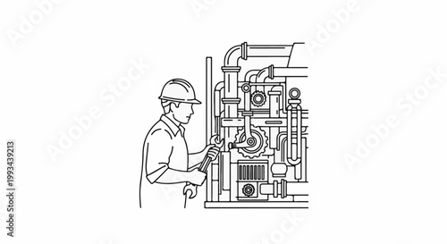 Industrial mechanic with helmet adjusts machinery using wrenches, line drawing