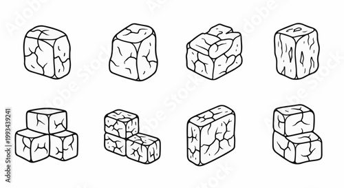 Isometric cartoon style drawings of cracked ice blocks
