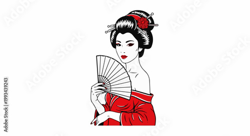 Elegant geisha in traditional red kimono holds a white fan, styled art