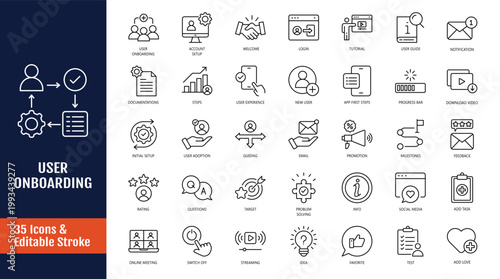 User Onboarding icon set. Icons related to account setup, login, tutorial, user guide, and more. Outline icon with Editable stroke. Vector illustration
