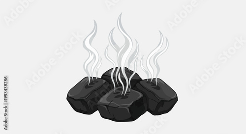Glowing hot charcoal emitting wisps of steam against a light background