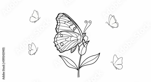 Delicate butterfly perches on a budding flower amidst flying companions