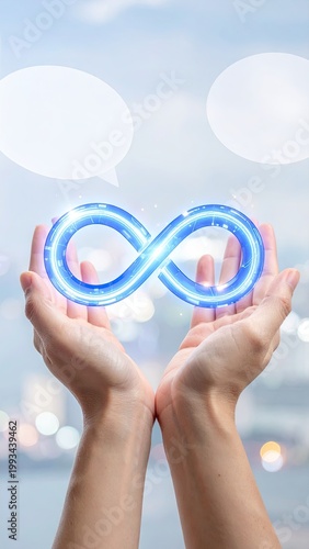 Hands Holding Digital Infinity Symbol Concept.