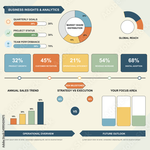Business insights and analytics infographic in colorful professional style with charts and graphs for corporate finance