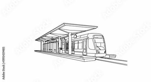 Modern tram at a covered station, clean line art illustration