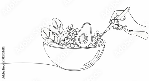 Minimalist line art of a hand adding berries to a fresh salad bowl