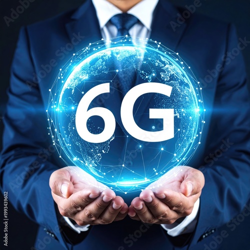 Businessman Holding Futuristic 6G Technology Globe.