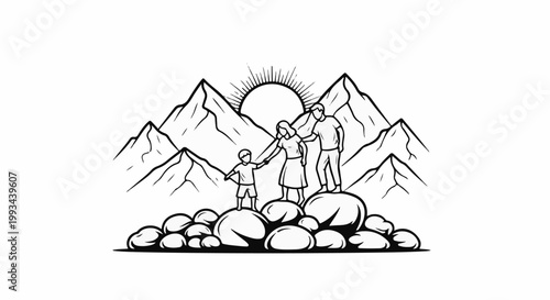 Family atop rocks with mountains and sunburst behind