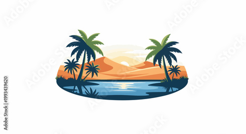 Desert oasis scene with palm trees, dunes, and water at sunset