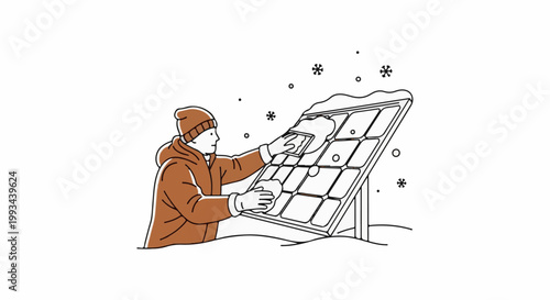 Person clearing snow from solar panels on a cold, snowy day