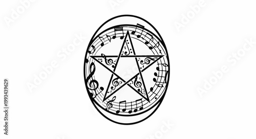 Five-pointed star interwoven with musical notes within an oval