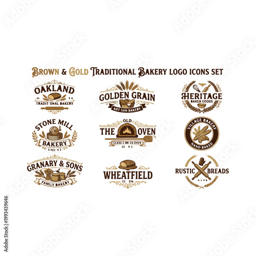 Brown and Gold Traditional Bakery Logo Icons Set.