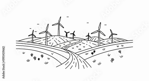 Gentle hills with wind turbines and a winding road