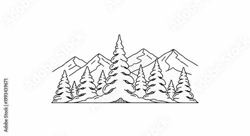 Hand-drawn illustration of coniferous trees in front of snowy mountains