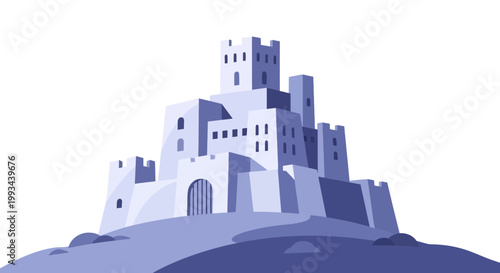 Majestic Castle Fortress Illustration in Cool Blue Tones