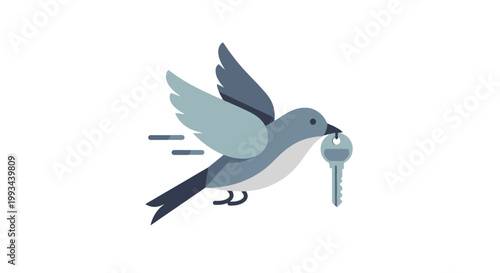 Cute cartoon bird holding a key in its beak illustration