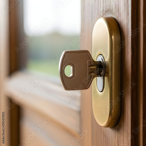A key inserted into a brass door lock on a wooden door