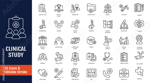 Minimalist Clinical Study icon set. Outline icon with Editable stroke. Vector illustration