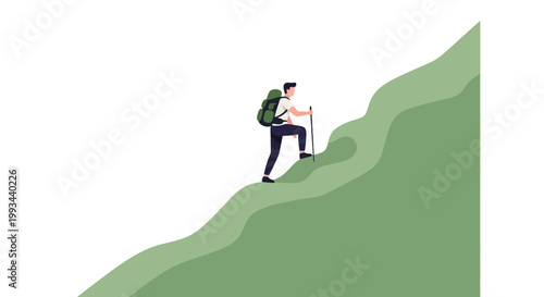 Adventurous hiker ascending lush green mountain trail with backpack