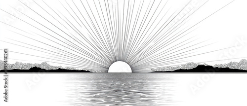 Minimalist black and white line art depicting a rising or setting sun with radiating rays over a calm sea horizon. 