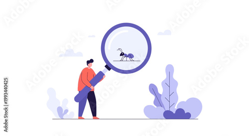 Person Using Magnifying Glass to Observe Ant in Nature Scene