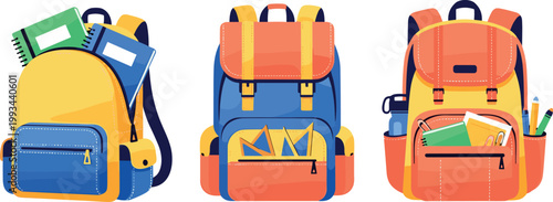 Colorful School Backpack Set with Books Supplies and Pockets Vector Illustration