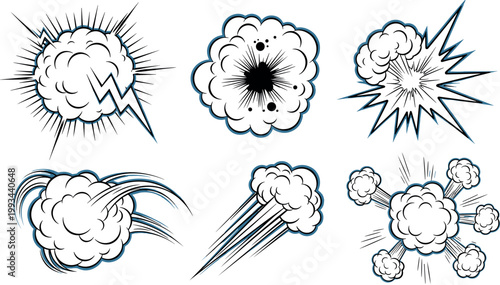 Comic Explosion Effects Set with Smoke Clouds Burst and Speed Lines Vector Illustration