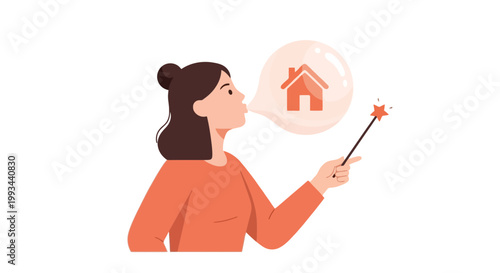 Young woman with magic wand imagining homeownership dreams